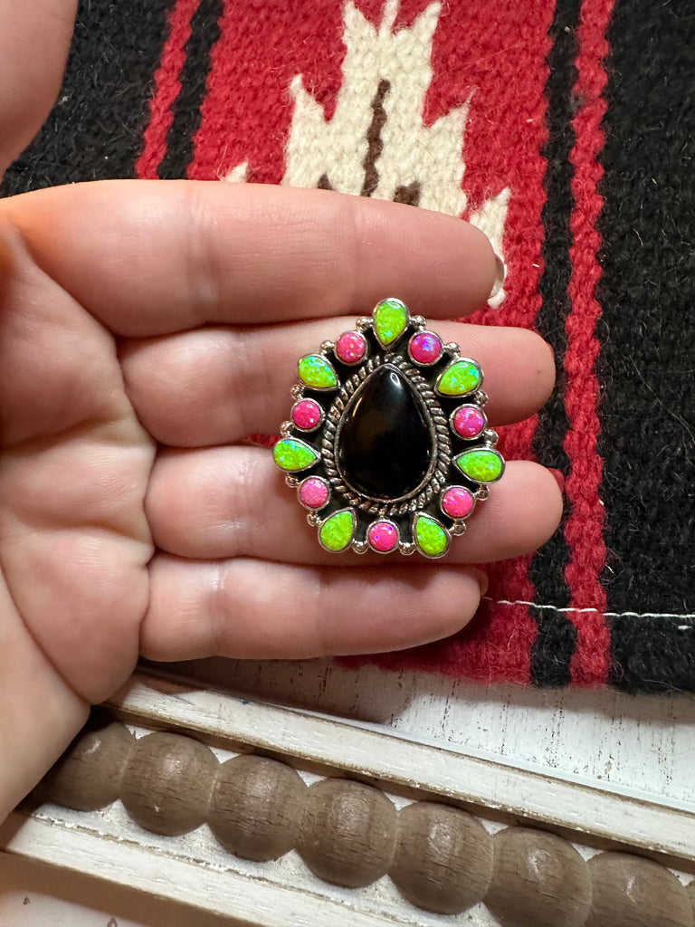 Nizhoni Handmade Adjustable Black Onyx, Pink & Green Fire Opal & Sterling Silver Ring Jewelry & Watches:Ethnic, Regional & Tribal:Native American:Rings Nizhoni Traders LLC