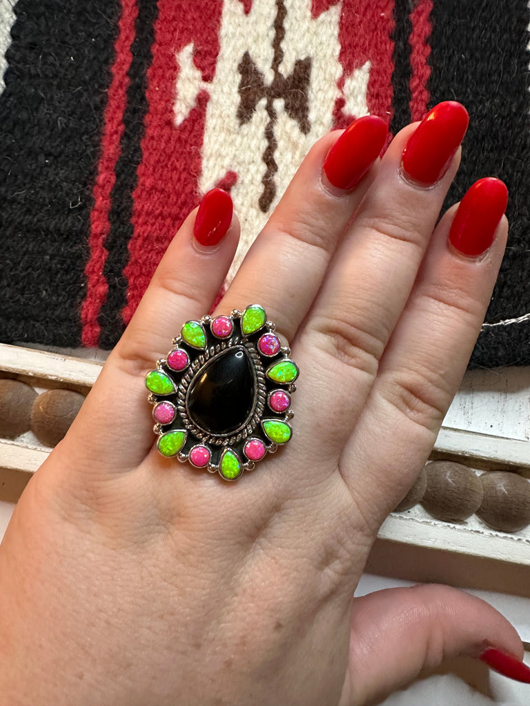 Nizhoni Handmade Adjustable Black Onyx, Pink & Green Fire Opal & Sterling Silver Ring Jewelry & Watches:Ethnic, Regional & Tribal:Native American:Rings Nizhoni Traders LLC