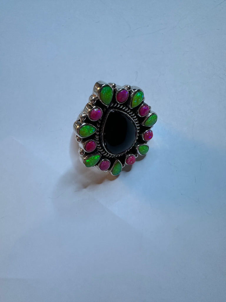 Nizhoni Handmade Adjustable Black Onyx, Pink & Green Fire Opal & Sterling Silver Ring Jewelry & Watches:Ethnic, Regional & Tribal:Native American:Rings Nizhoni Traders LLC