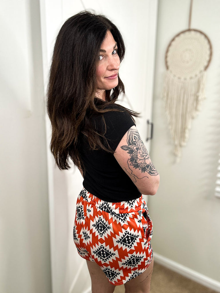 Orange & Black Aztec Drawstring Shorts drawstring shorts The Cinchy Cowgirl (YC)