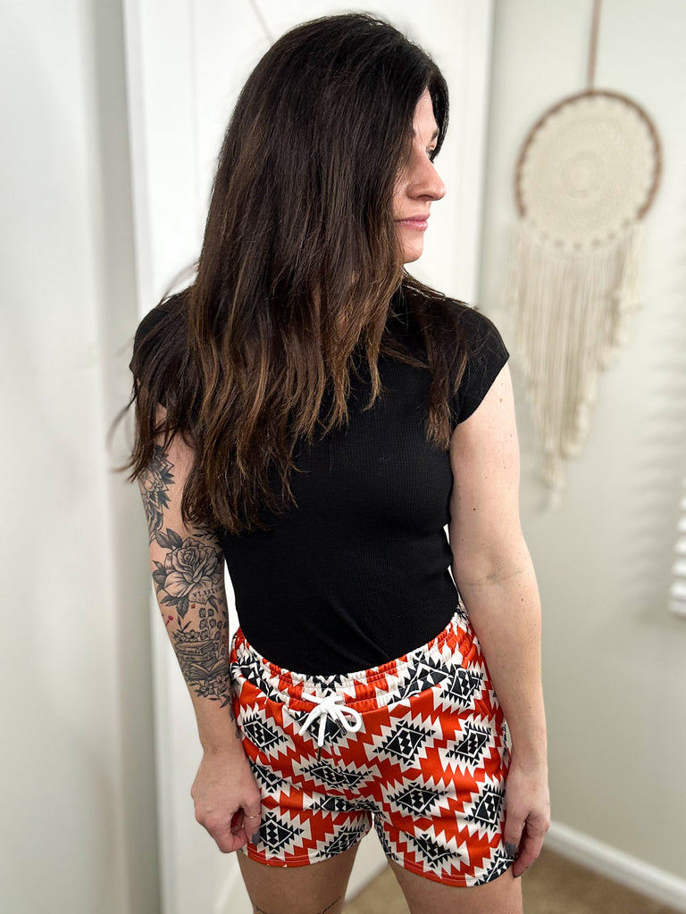 Orange & Black Aztec Drawstring Shorts drawstring shorts The Cinchy Cowgirl (YC)