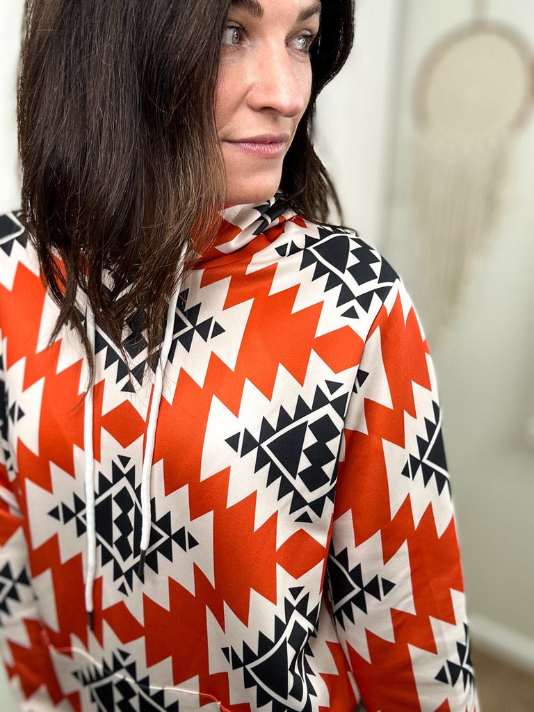 Orange & Black Aztec Hoodie Women's Pullover Hoodie With Drawstring The Cinchy Cowgirl (YC)