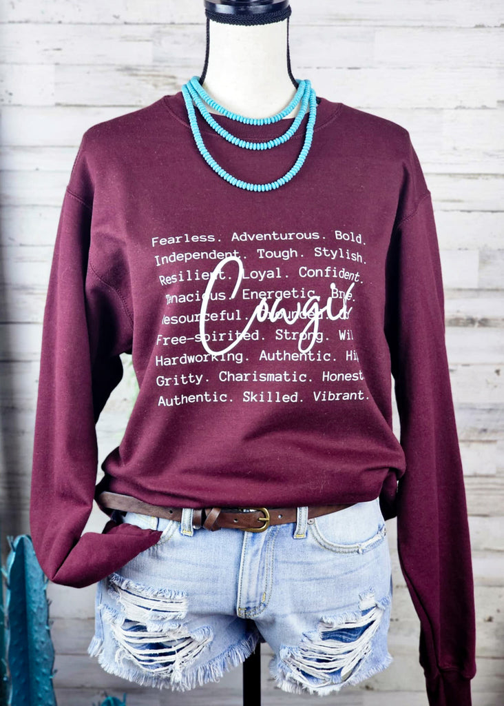 Maroon Cowgirl. Fleece Pullover Graphic Sweatshirt The Cinchy Cowgirl