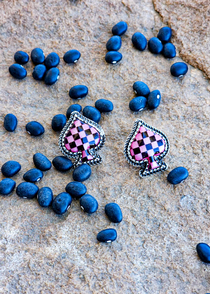 Pink Checkered Spade Earrings Earrings Blue Tortoise