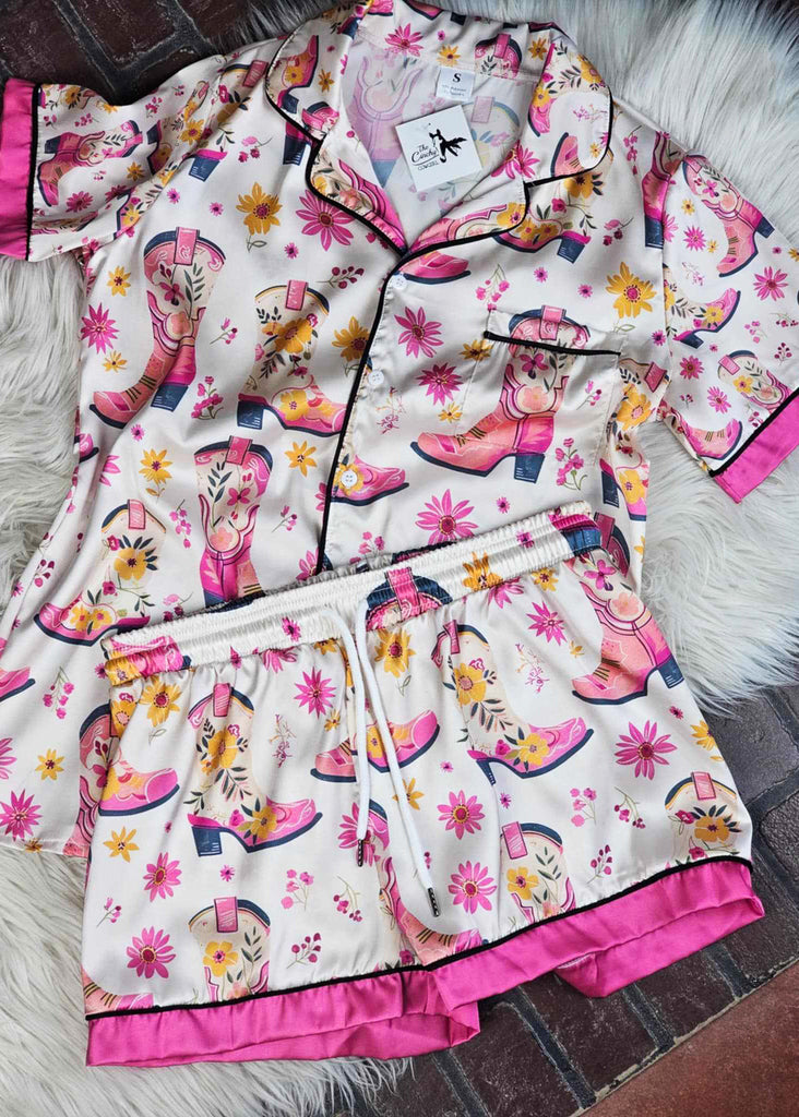 Pink Cowgirl Boots Silky Shorts Pajamas silky pajamas - shorts The Cinchy Cowgirl (YC)   