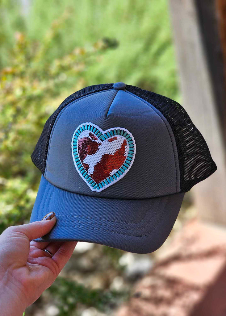 Sequin Cowhide Heart Trucker Hat patch trucker hat The Cinchy Cowgirl   