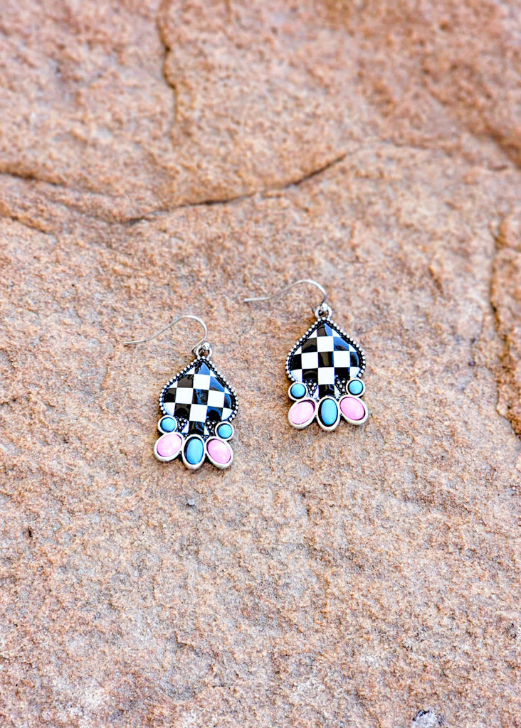 Small Checkered Spade Pink & Blue Earrings Earrings Blue Tortoise