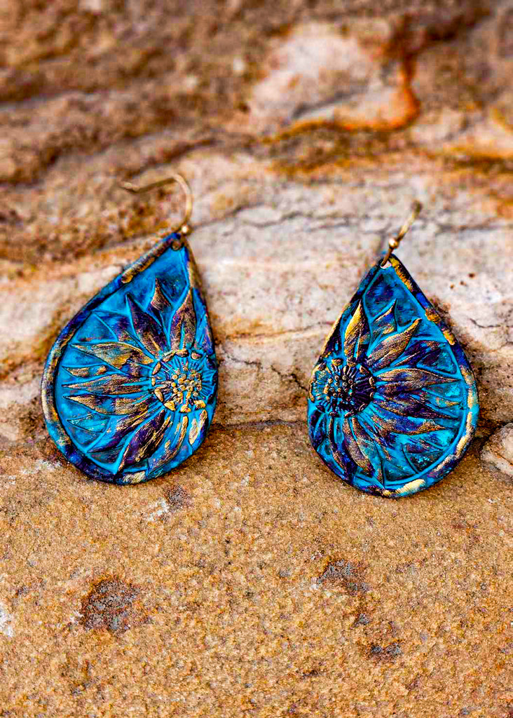 Sunflower Teardrop Dangle Earrings Earrings Blue Tortoise