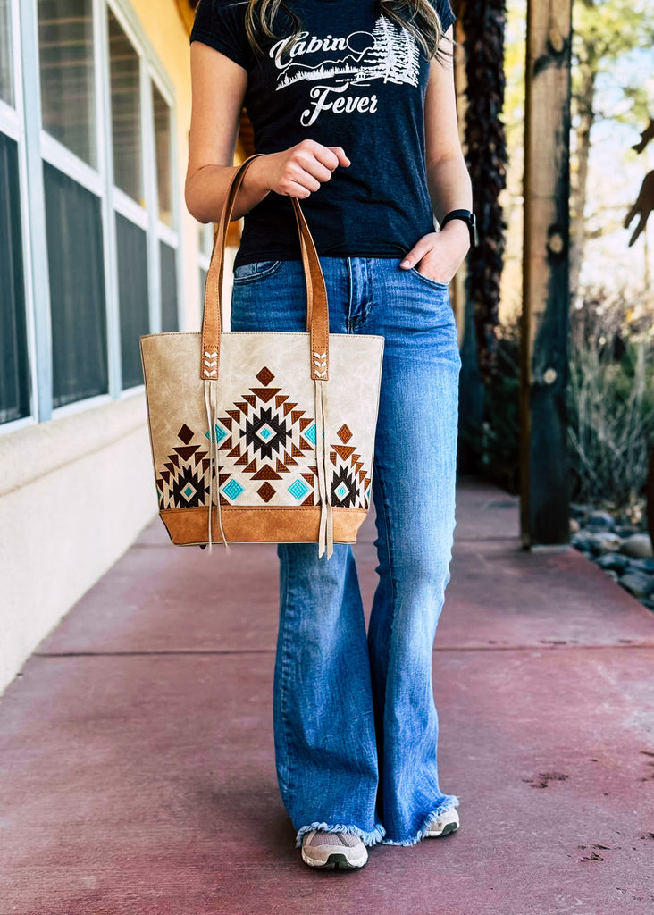 Tan Aztec Embroidered Tote Handbag Concealed Carry Handbag Montana West