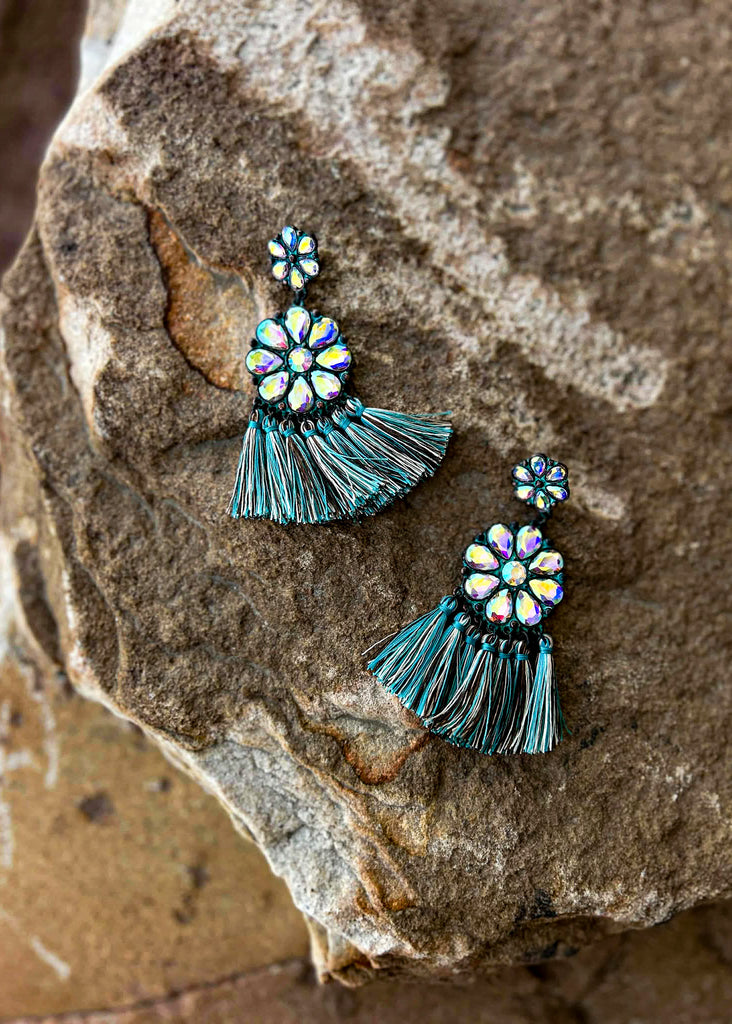 Flower Concho Stone With Tassel Stud Earrings Earrings Blue Tortoise