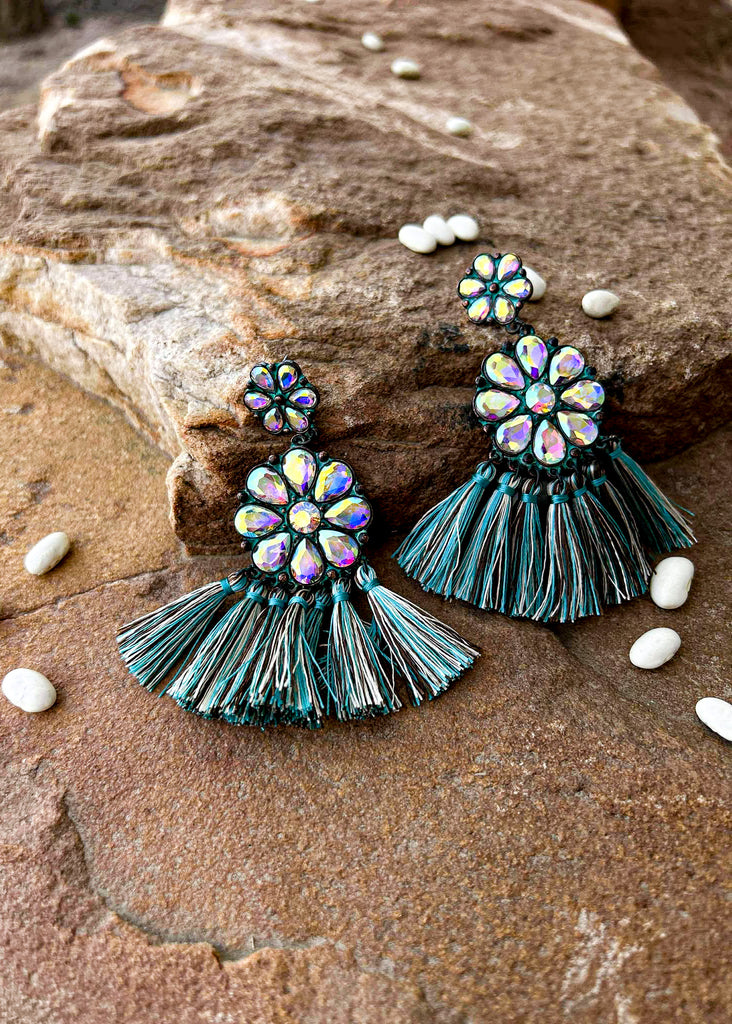 Flower Concho Stone With Tassel Stud Earrings Earrings Blue Tortoise