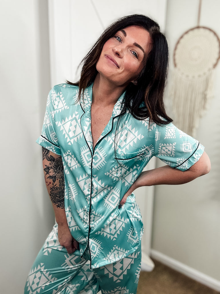 White & Turquoise Aztec Silky Pants Pajamas pajamas The Cinchy Cowgirl (YC)