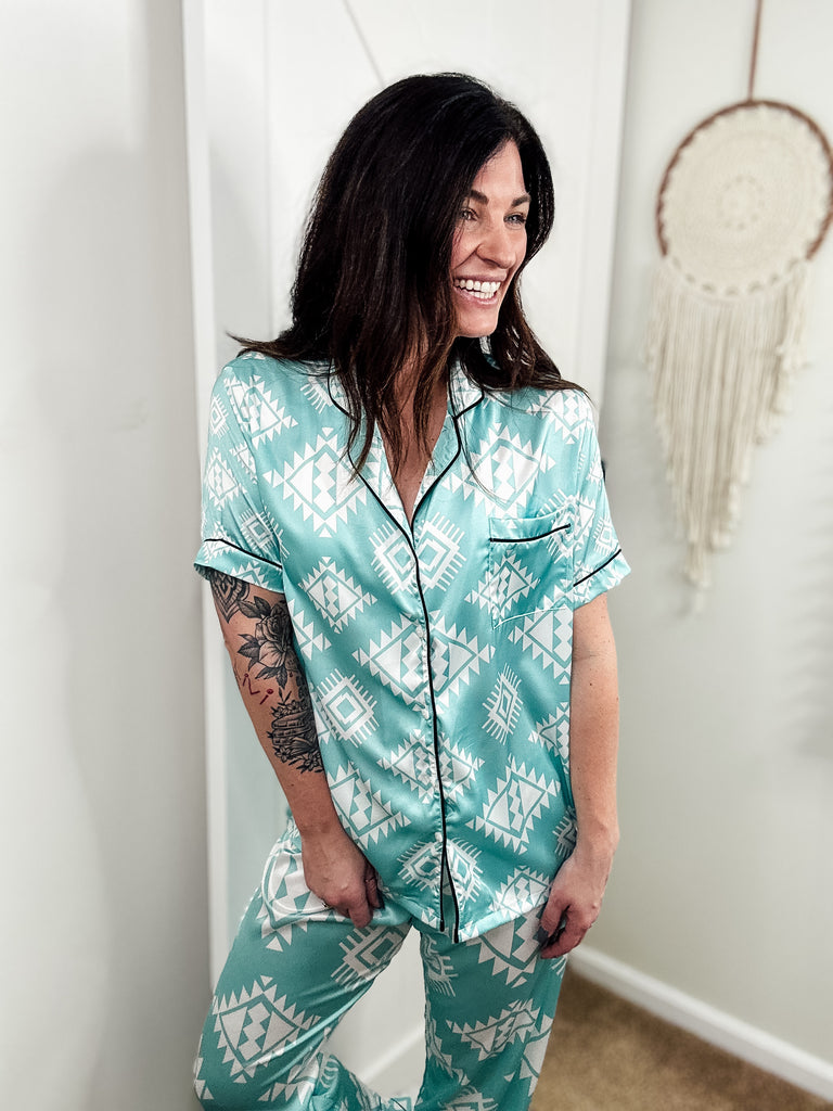 White & Turquoise Aztec Silky Pants Pajamas pajamas The Cinchy Cowgirl (YC)