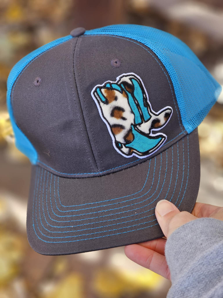 Blue And Leopard Boots Patch Trucker Hat patch trucker hat The Cinchy Cowgirl