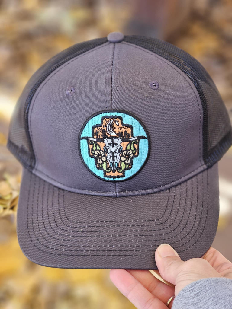 Circle Desert Steer Skull Patch Grey Trucker Hat patch trucker hat The Cinchy Cowgirl