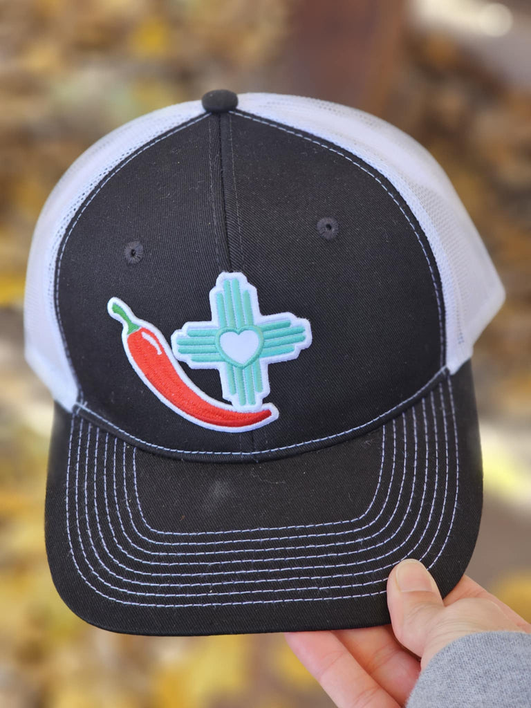 Red Chile And Turquoise Heart Zia Patch Black And White Trucker Hat patch trucker hat The Cinchy Cowgirl