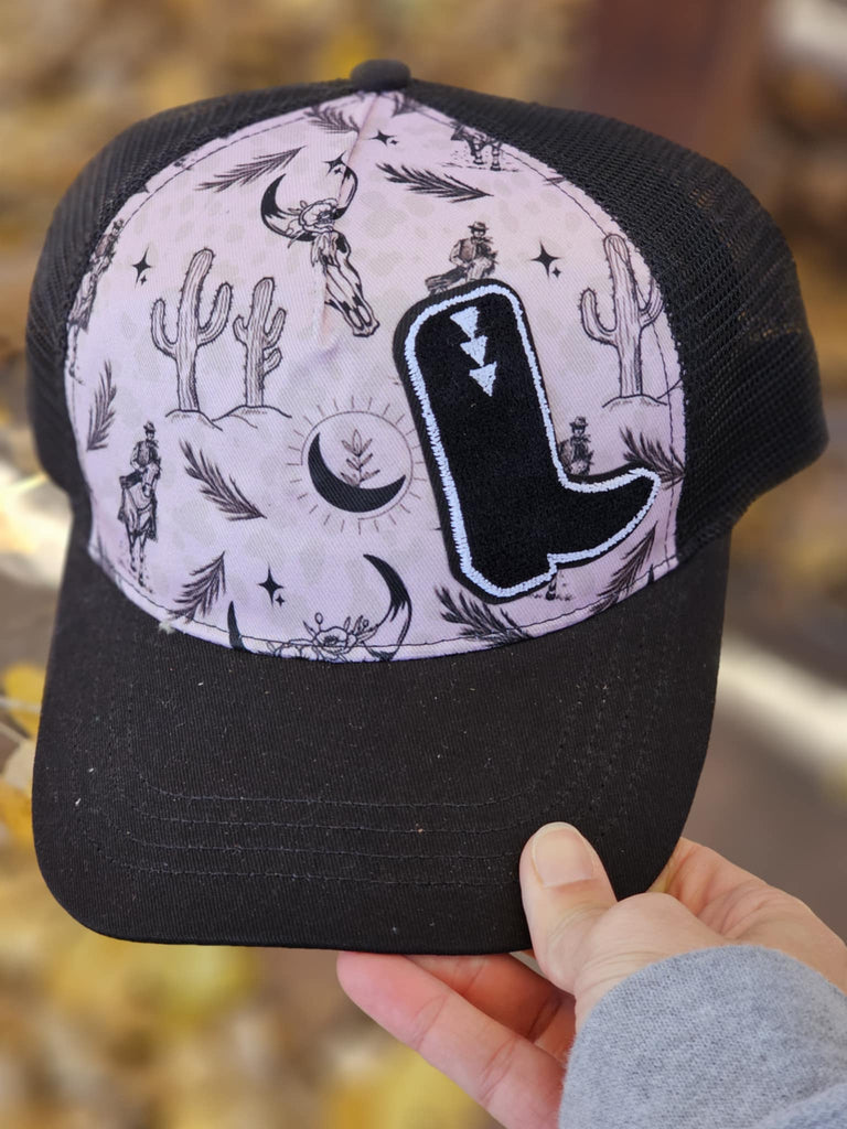 Pink Desert Scene Letter L Boot Patch Snapback Trucker Hat trucker cap The Cinchy Cowgirl