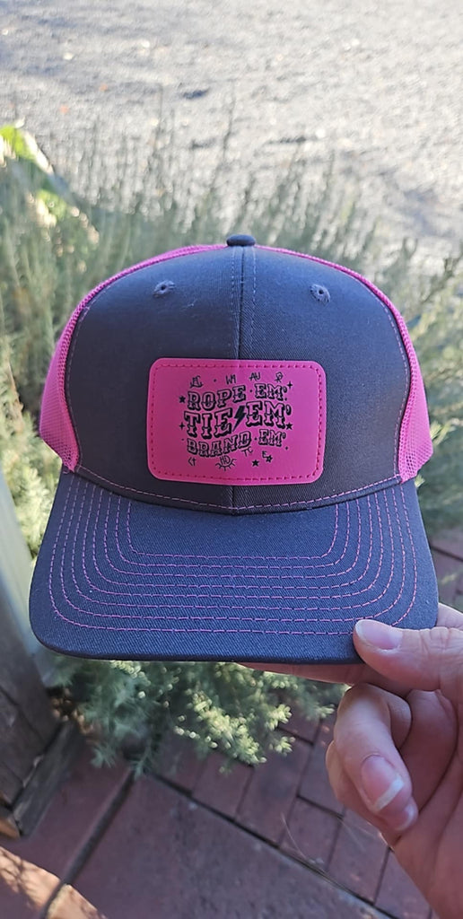 Hot Pink And Dark Grey Rope~Em, Tie~Em, Brand~Em Patch Snapback Pink Trucker Hat trucker cap The Cinchy Cowgirl