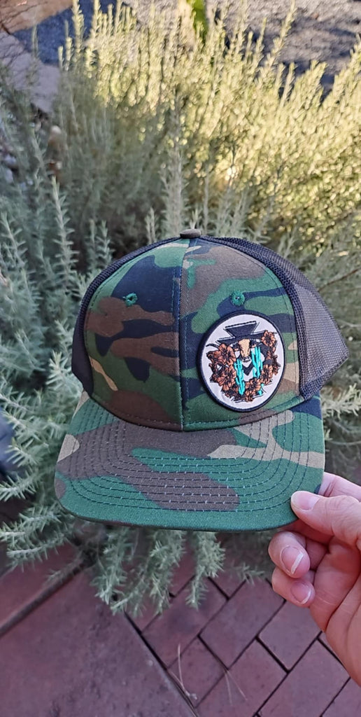 Camo Circle Steer Skull Patch Snapback Trucker Hat trucker cap The Cinchy Cowgirl