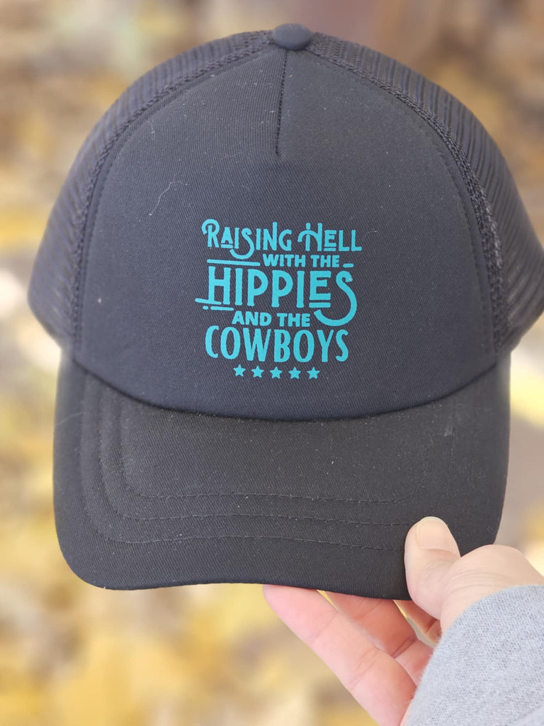 Raising Hell With The Hippies And The Cowboys Black Trucker Hat patch trucker hat The Cinchy Cowgirl