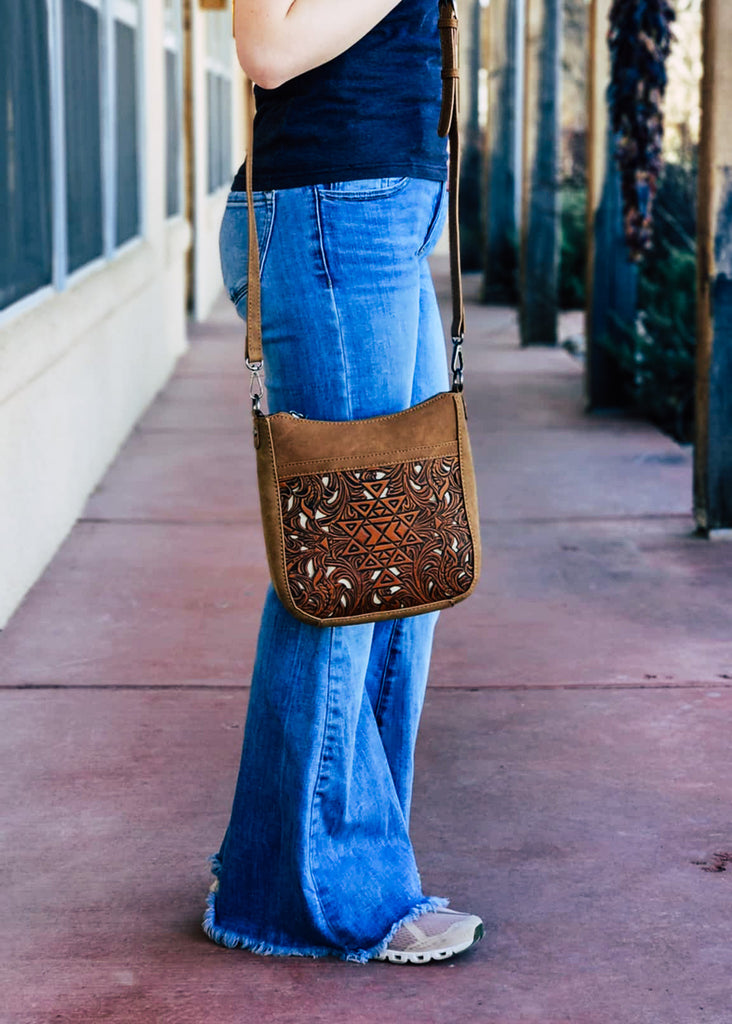 Aztec Brown Tooled Crossbody Handbag Crossbody Handbag Montana West