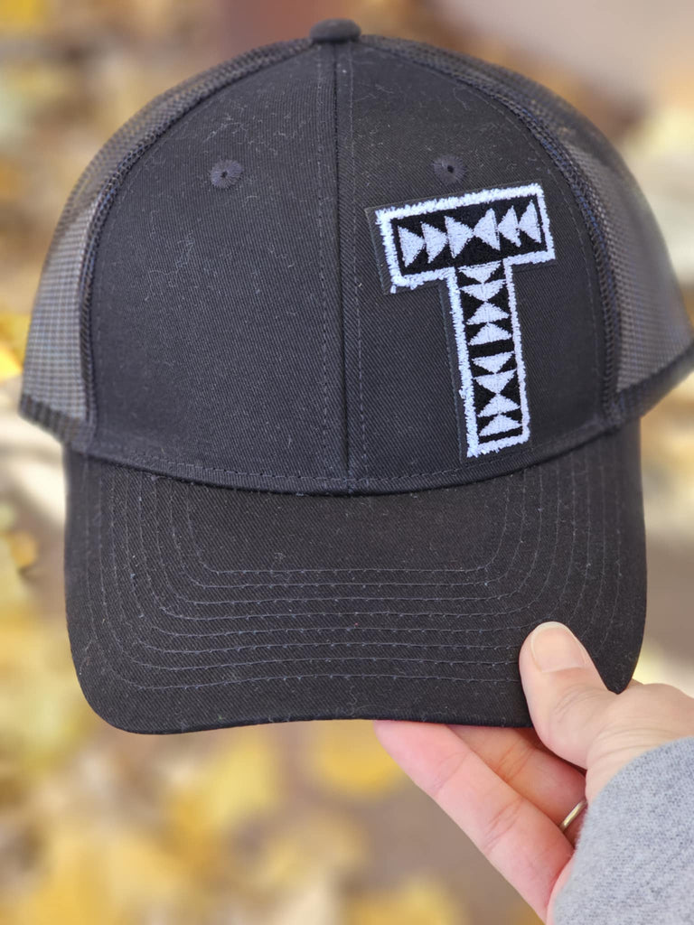 Black And White Letter "T" Black Trucker Hat patch trucker hat The Cinchy Cowgirl