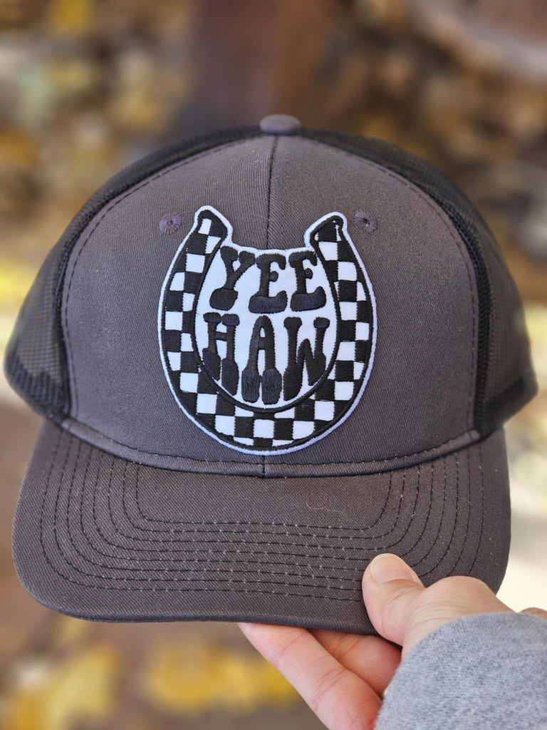 Yee Haw Horseshoe Patch Dark Grey And Black Trucker Hat patch trucker hat The Cinchy Cowgirl