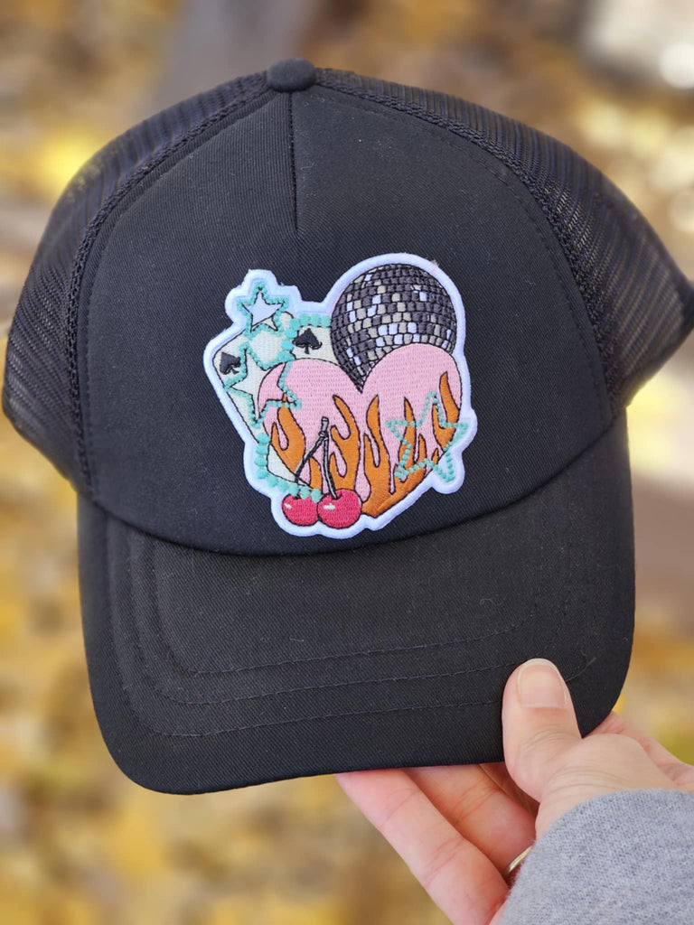 Disco Flaming Heart Patch Black Trucker Hat patch trucker hat The Cinchy Cowgirl