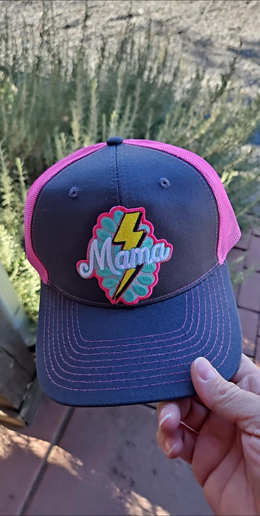 Hot Pink And Dark Grey Lightning Bolt Mama Patch Snapback Trucker Hat trucker cap The Cinchy Cowgirl