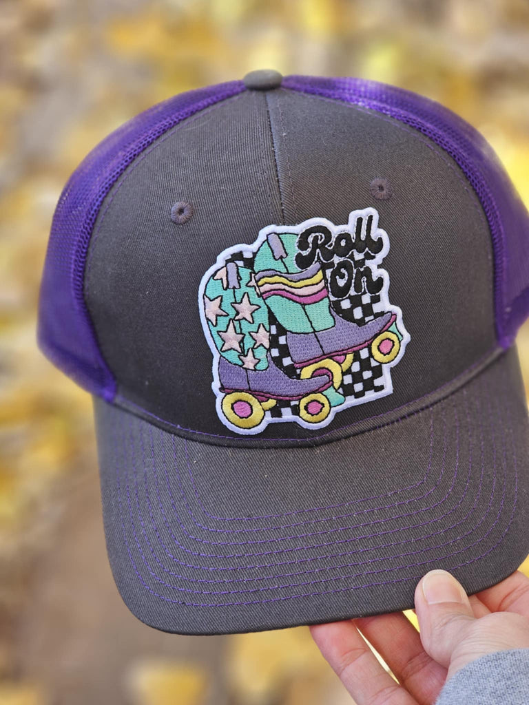 Roll On Skate Patch Purple Trucker Hat patch trucker hat The Cinchy Cowgirl