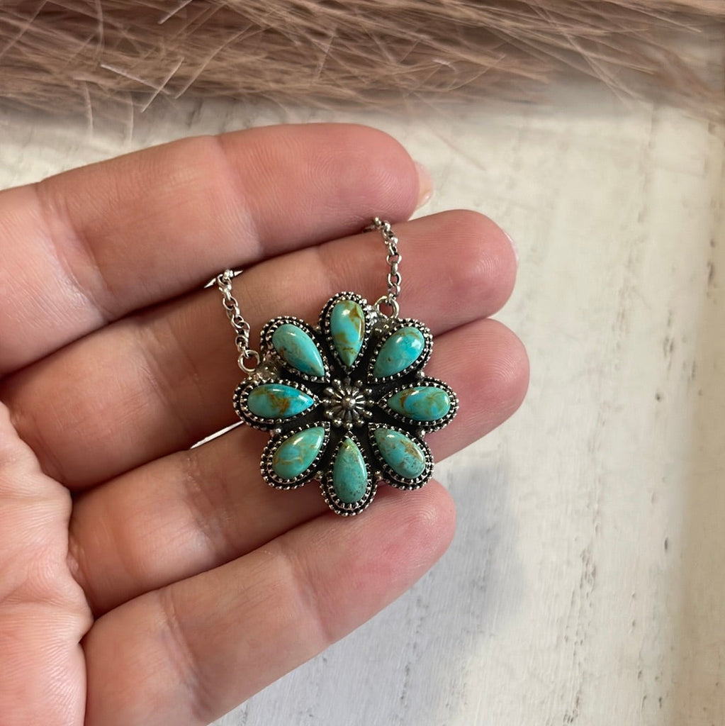 Handmade Sterling Silver & Turquoise Flower Necklace Jewelry & Watches:Ethnic, Regional & Tribal:Necklaces & Pendants Nizhoni Traders LLC