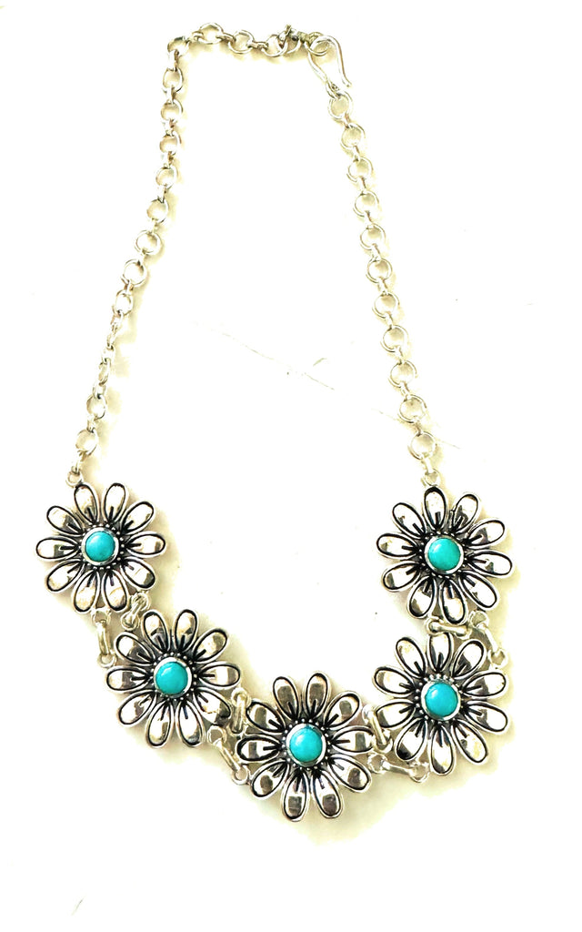 Handmade Turquoise & Sterling Silver Beaded Flower Necklace NT jewelry Nizhoni Traders LLC   