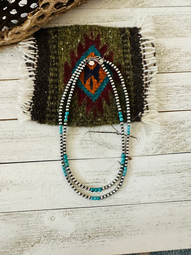 Navajo Turquoise & Sterling Silver Diamond Cut Beaded Necklace 14” or 16” NT jewelry Nizhoni Traders LLC   