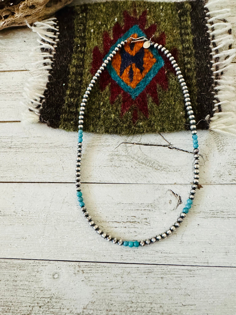 Navajo Turquoise & Sterling Silver Diamond Cut Beaded Necklace 14” or 16” NT jewelry Nizhoni Traders LLC   