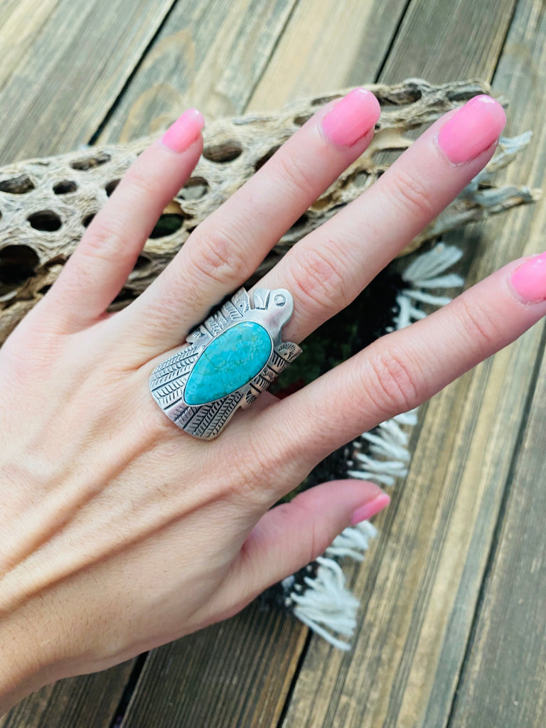 Navajo Sterling Silver & Turquoise Thunderbird Ring NT jewelry Nizhoni Traders LLC   