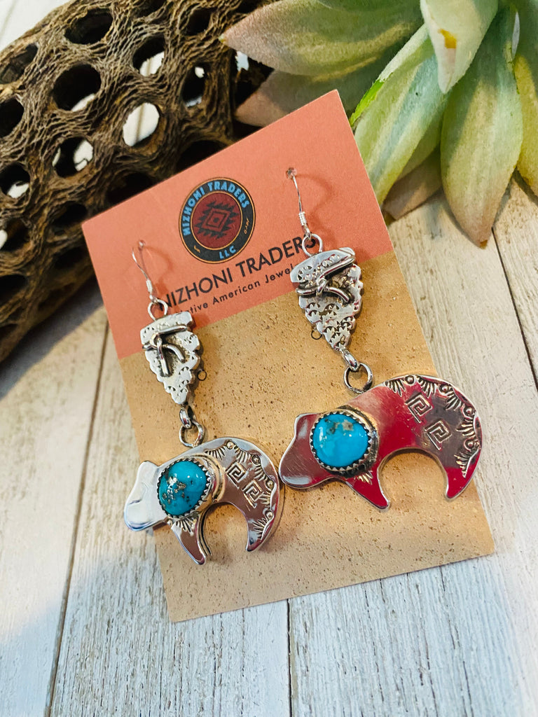 Turquoise Fetish Bear Dangle Earrings NT jewelry Nizhoni Traders LLC   