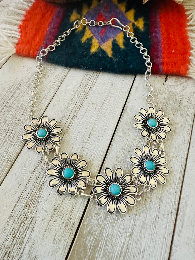 Handmade Turquoise & Sterling Silver Beaded Flower Necklace NT jewelry Nizhoni Traders LLC   