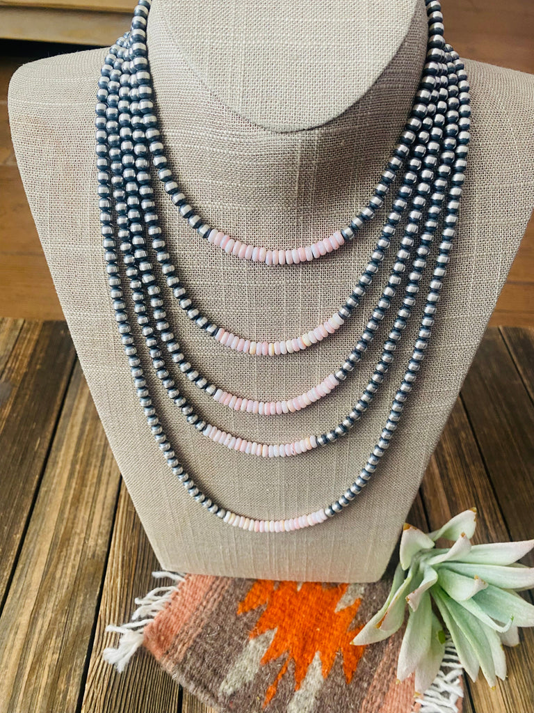 Navajo Sterling Silver Pearl & Queen Pink Conch Beaded Necklace NT jewelry Nizhoni Traders LLC   