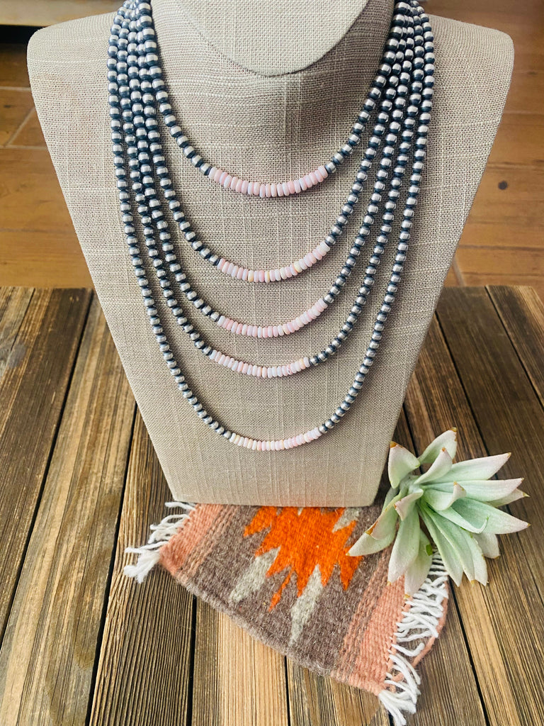 Navajo Sterling Silver Pearl & Queen Pink Conch Beaded Necklace NT jewelry Nizhoni Traders LLC   