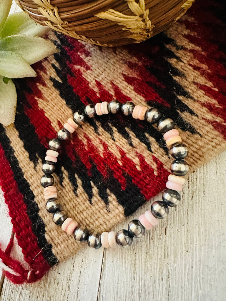 Navajo Queen Pink Conch Shell & Sterling Silver Beaded Stretch Bracelet Jewelry & Watches:Ethnic, Regional & Tribal:Necklaces & Pendants Nizhoni Traders LLC   