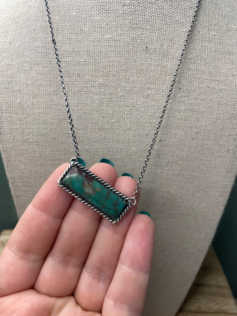 Navajo Sterling Silver & Royston Turquoise Bar Necklace NT jewelry Nizhoni Traders LLC   