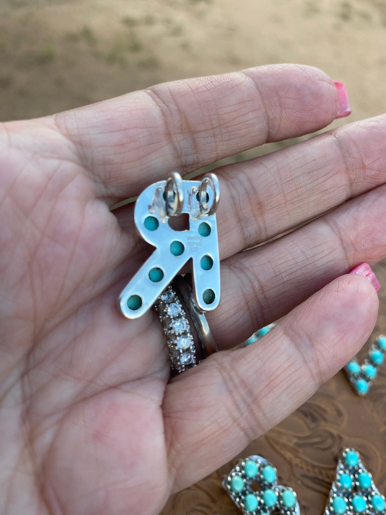 Natural Kingman Turquoise Sterling Silver Letter Necklace NT jewelry Nizhoni Traders LLC   