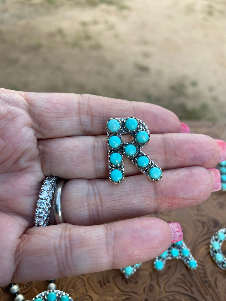 Natural Kingman Turquoise Sterling Silver Letter Necklace NT jewelry Nizhoni Traders LLC   