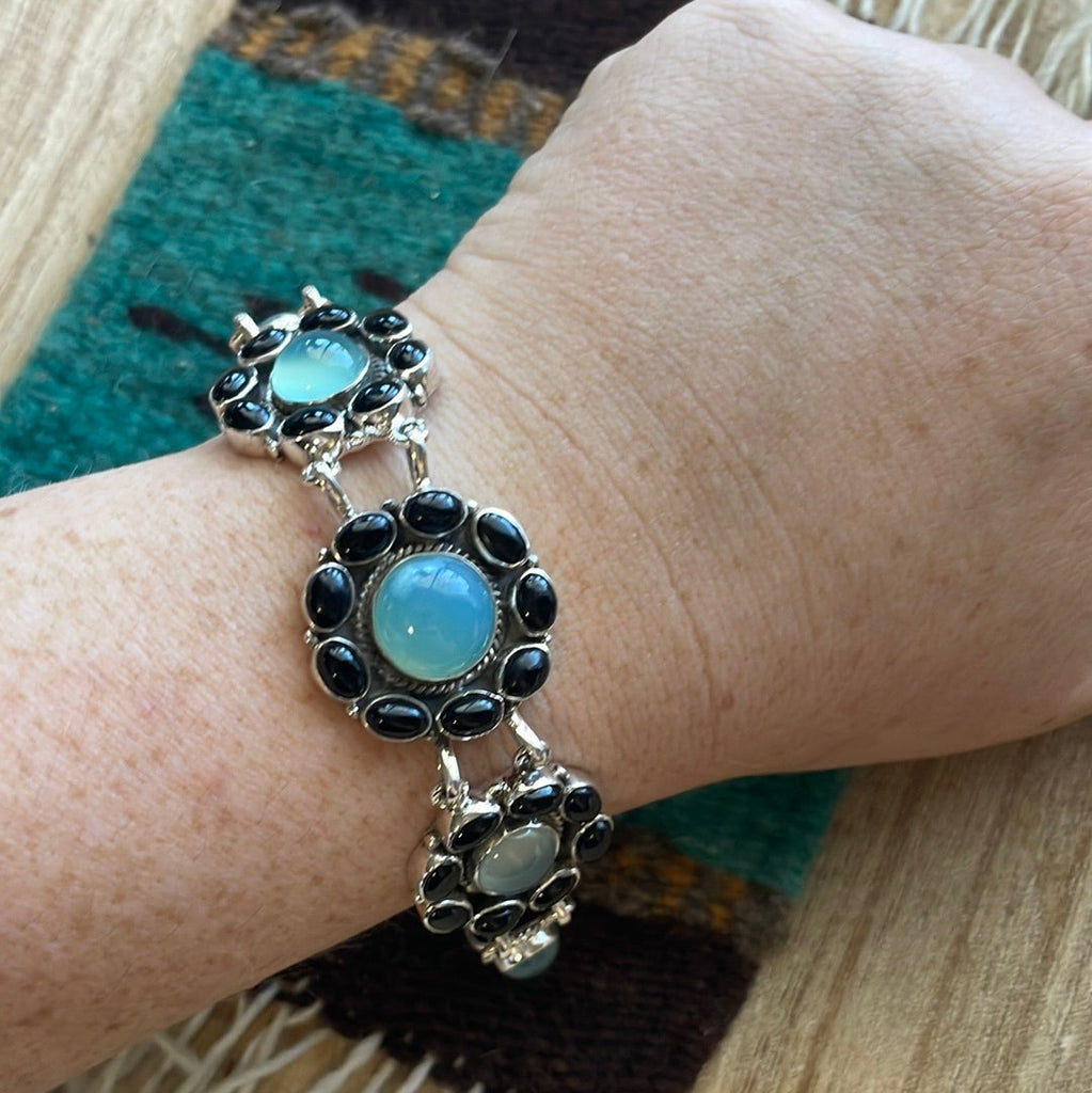 Onyx & Aqua Calcedony Floral Design Bracelet NT jewelry Nizhoni Traders LLC   