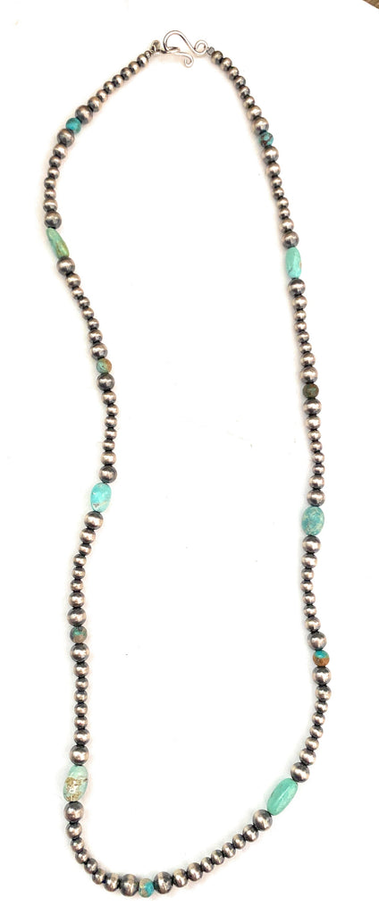 Handmade Sterling Silver & Turquoise Beaded Necklace 24” NT jewelry Nizhoni Traders LLC   