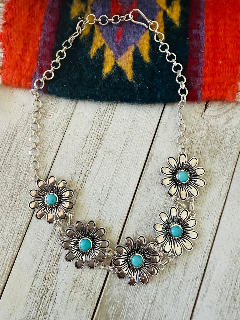 Handmade Turquoise & Sterling Silver Beaded Flower Necklace NT jewelry Nizhoni Traders LLC   