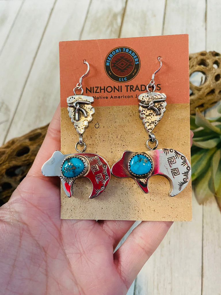 Turquoise Fetish Bear Dangle Earrings NT jewelry Nizhoni Traders LLC   