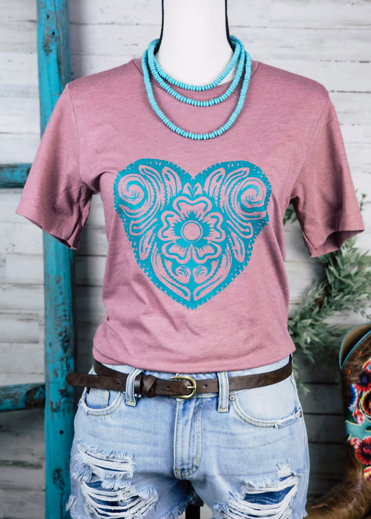 Mauve Tooled Heart Short Sleeve Graphic Tee tcc graphic tee The Cinchy Cowgirl