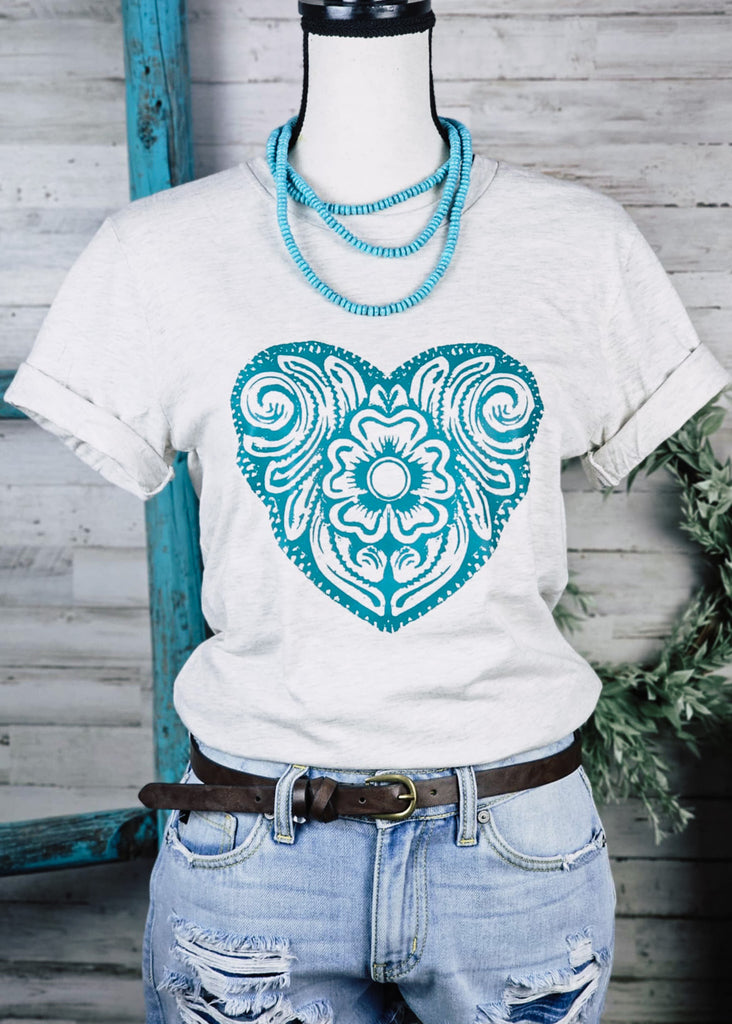 Heather Natural Tooled Heart Short Sleeve Graphic Tee tcc graphic tee The Cinchy Cowgirl