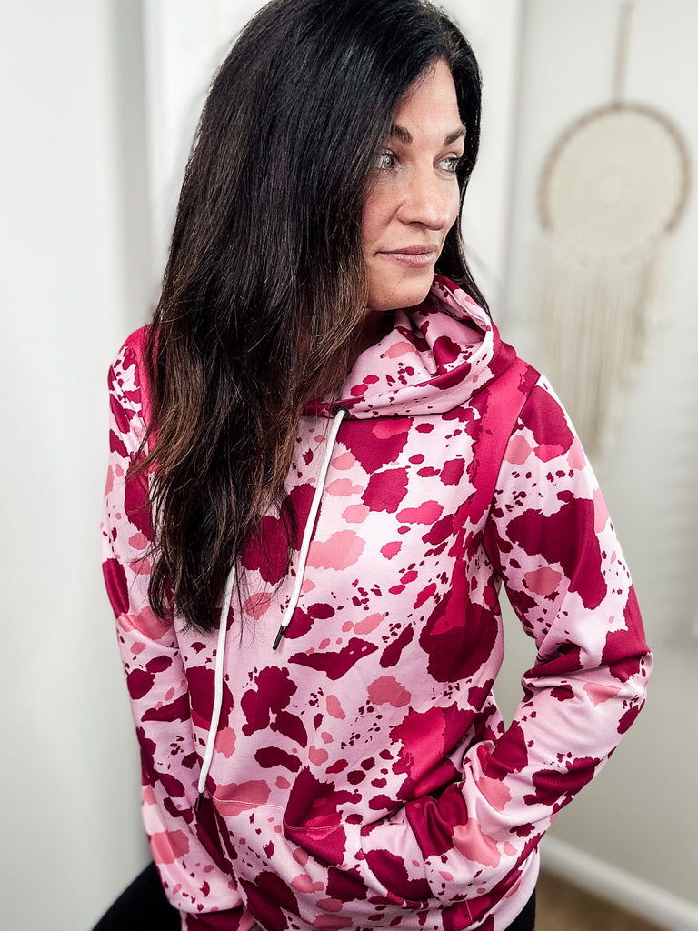 Pink Cowprint Hoodie Women's Pullover Hoodie With Drawstring The Cinchy Cowgirl (YC)